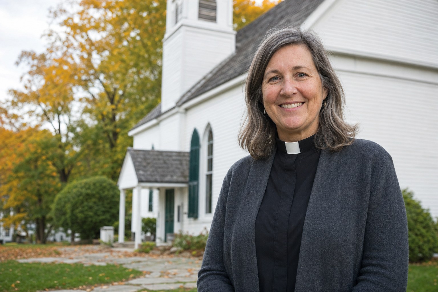 Pastor Joanna standing outside the white church