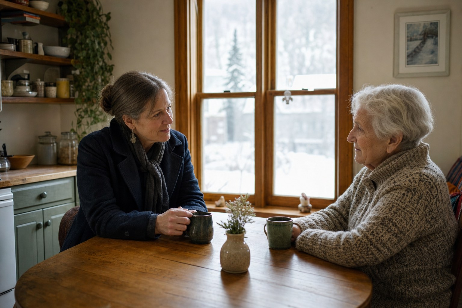 Pastor in a quiet home visit with a neighbor