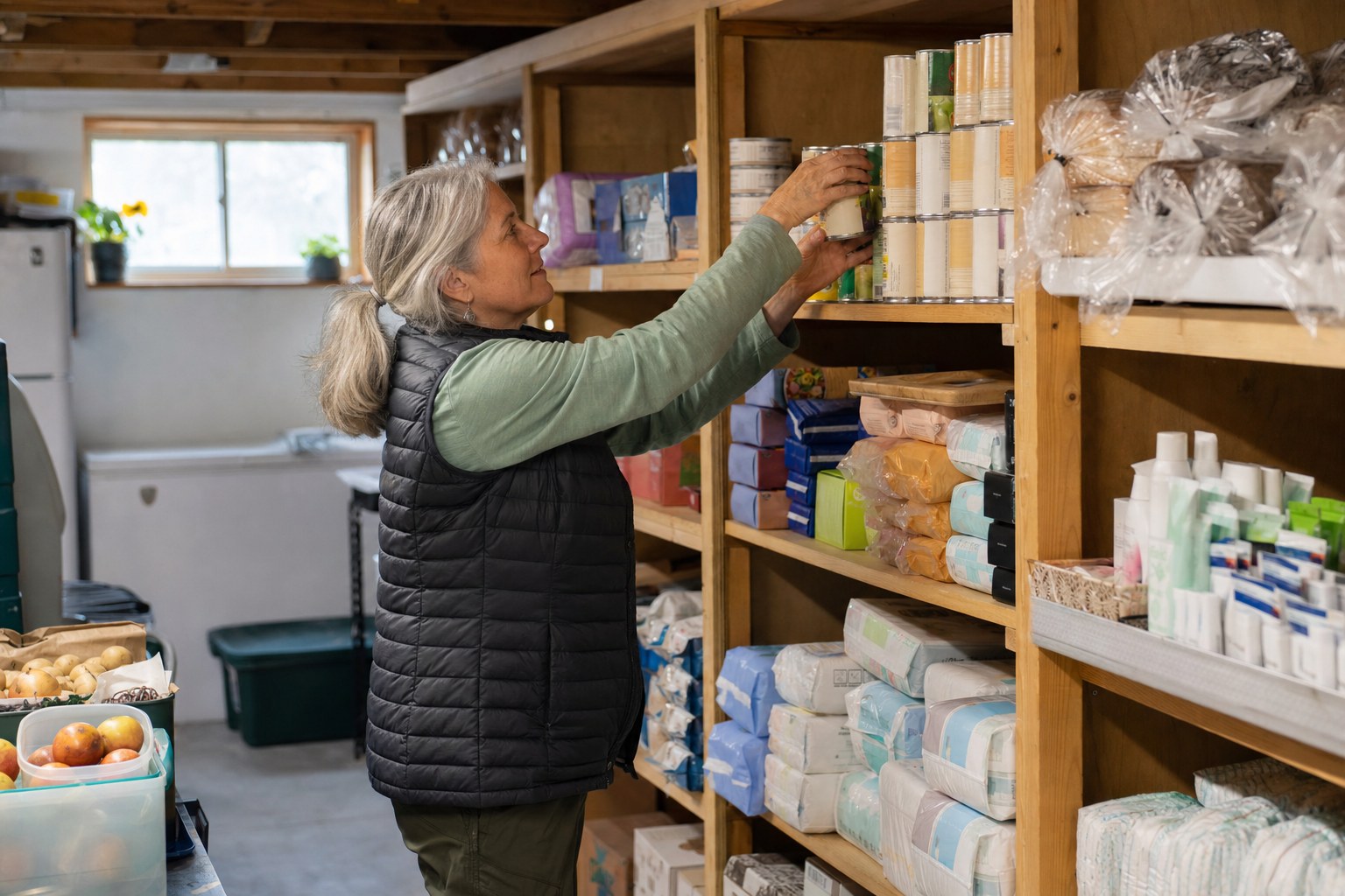 Volunteer stocking shelves in a community food closet