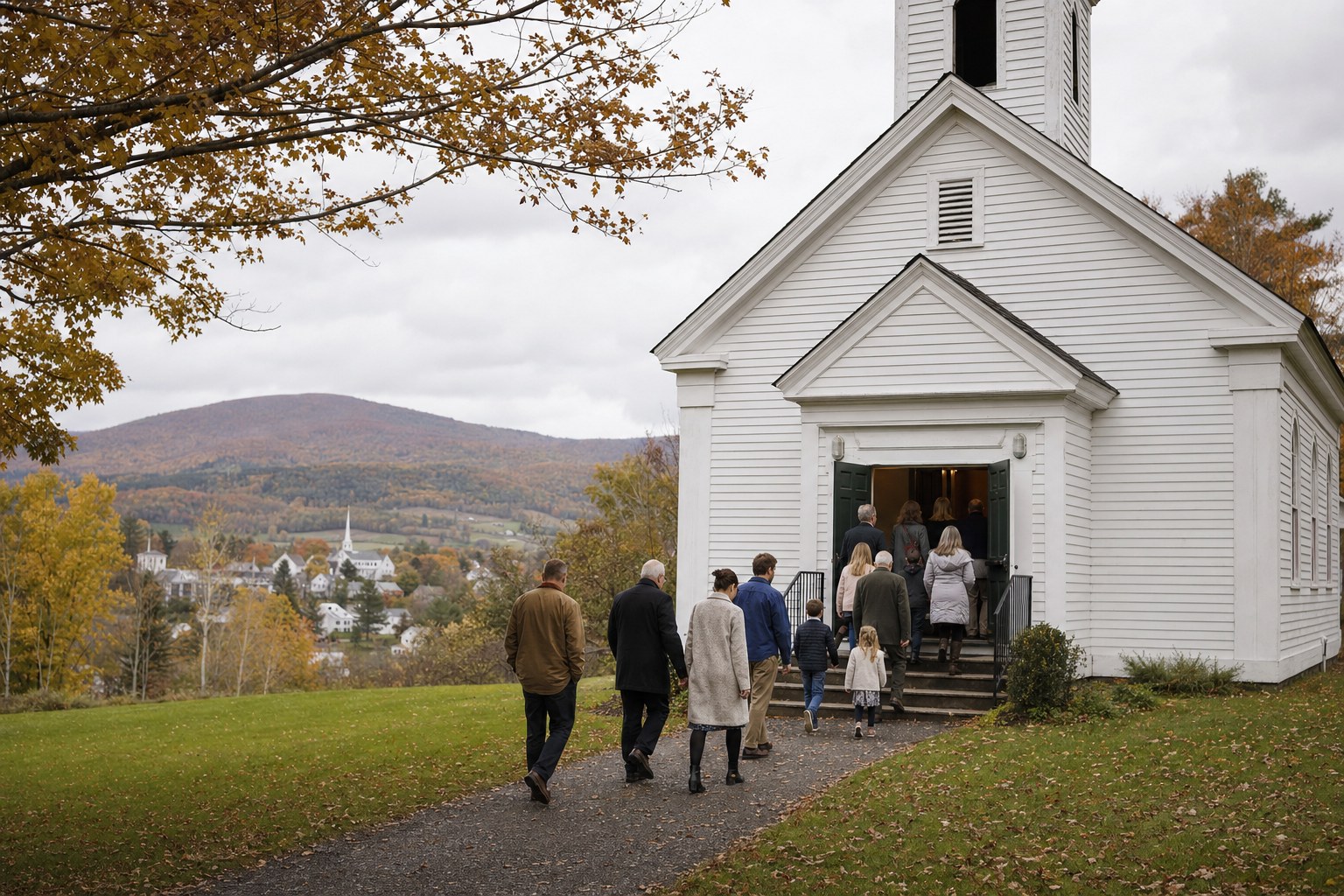 White church in Vermont with people arriving