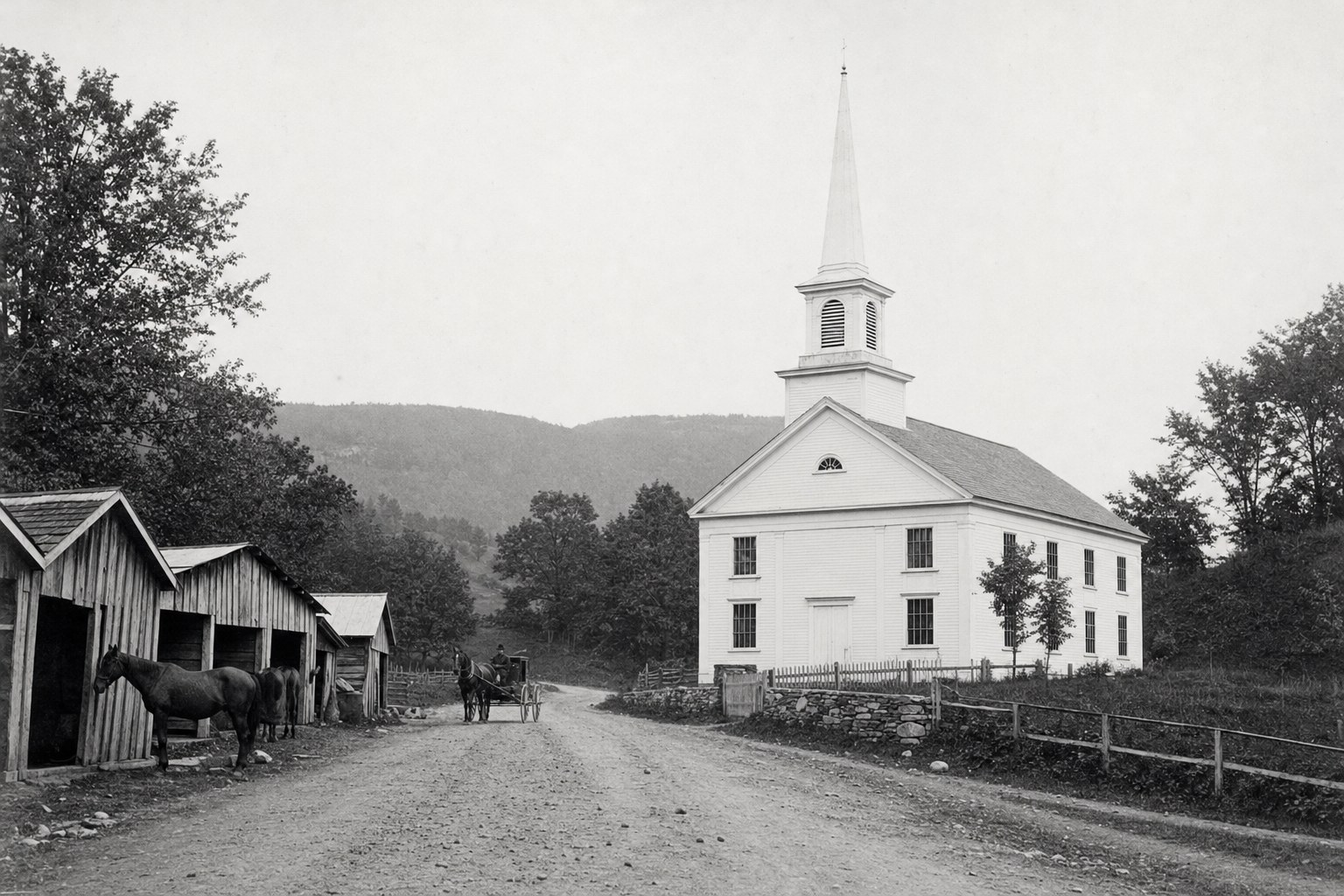 Representative archival-style view of a Vermont church in the 1890s