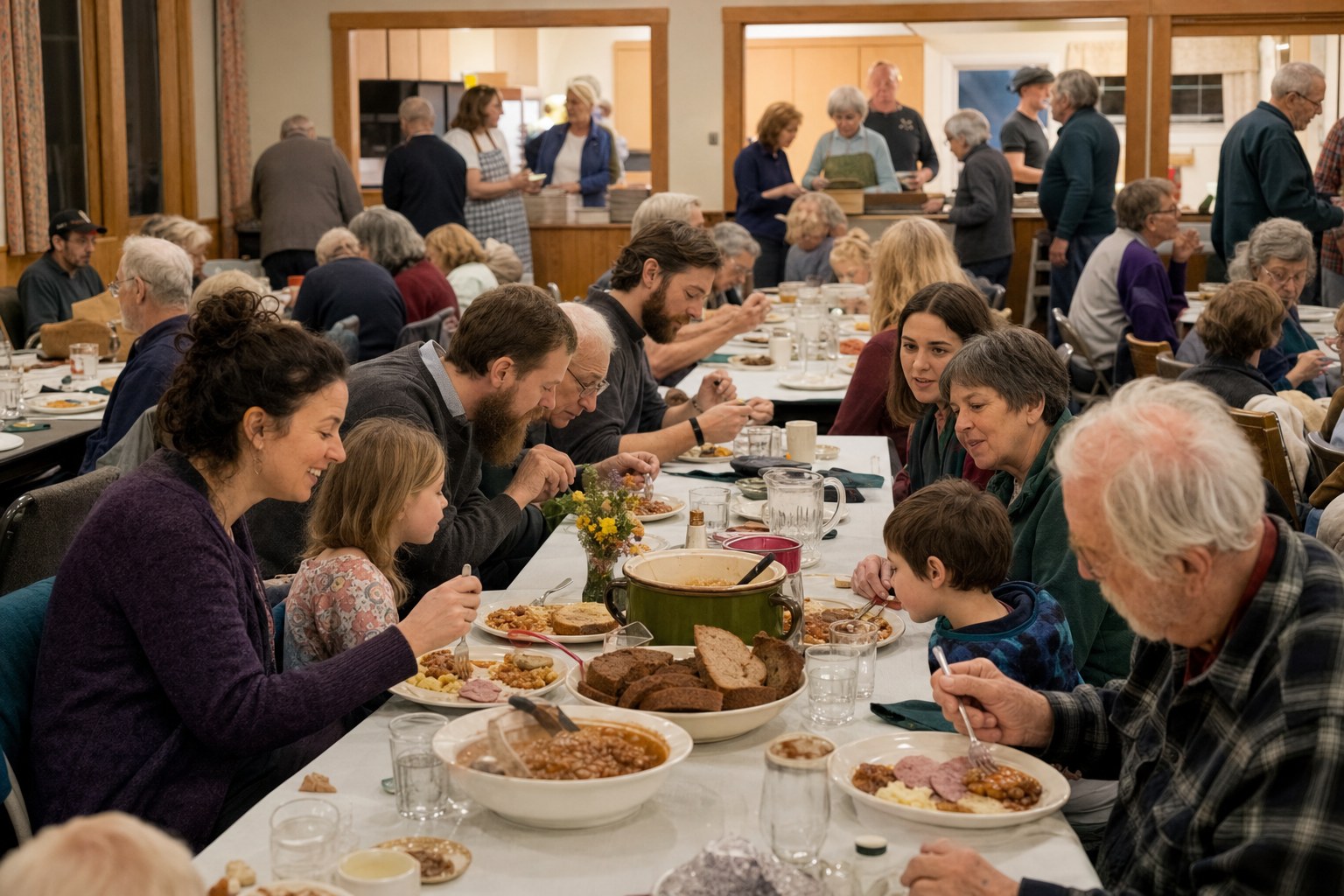 Neighbors sharing a meal at a church supper