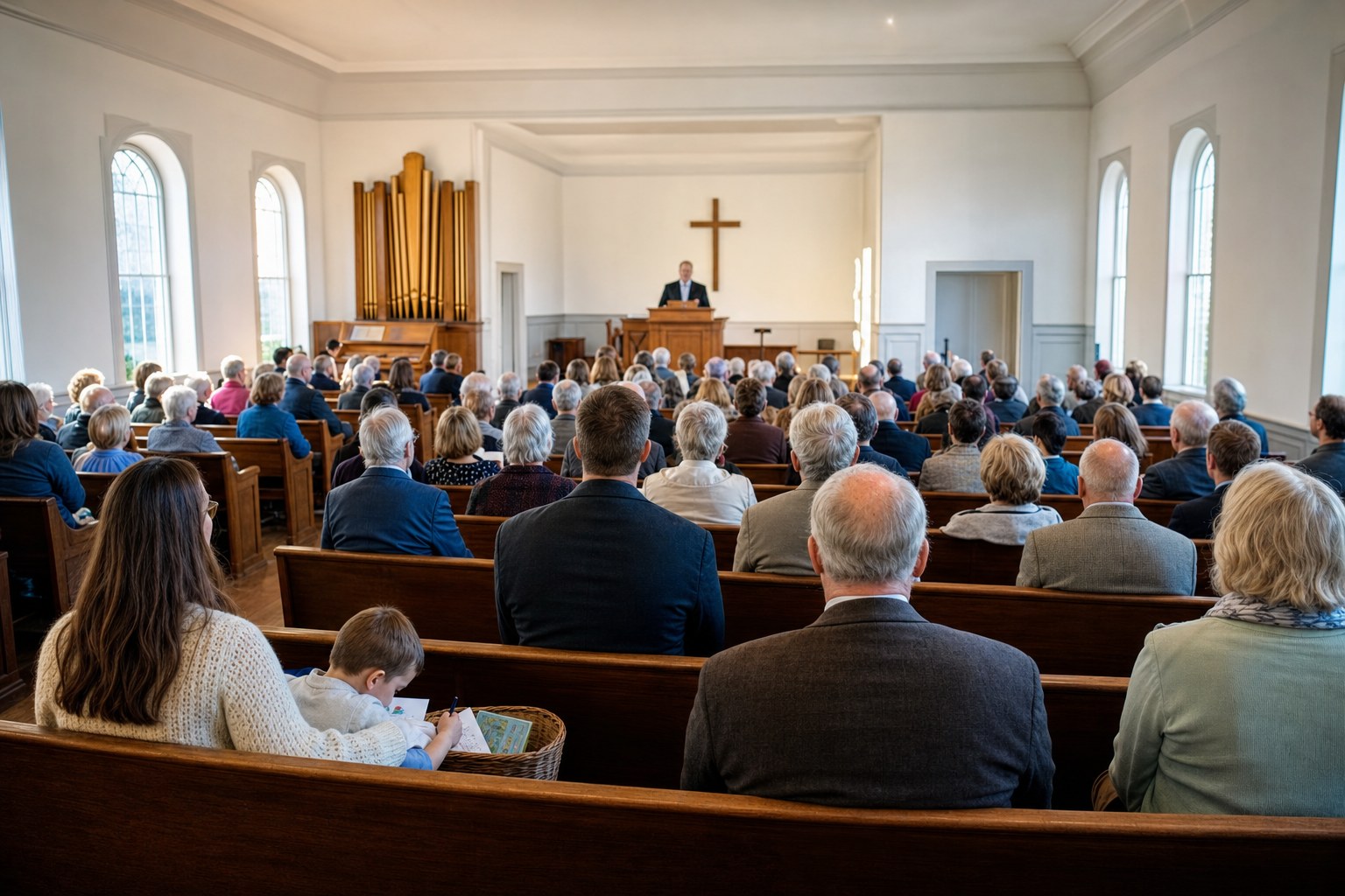 A traditional service in a warm church sanctuary