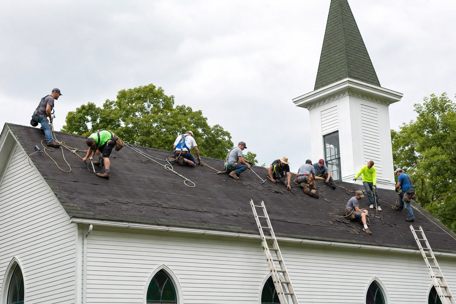 Eleven volunteers working on the church roof in 2019