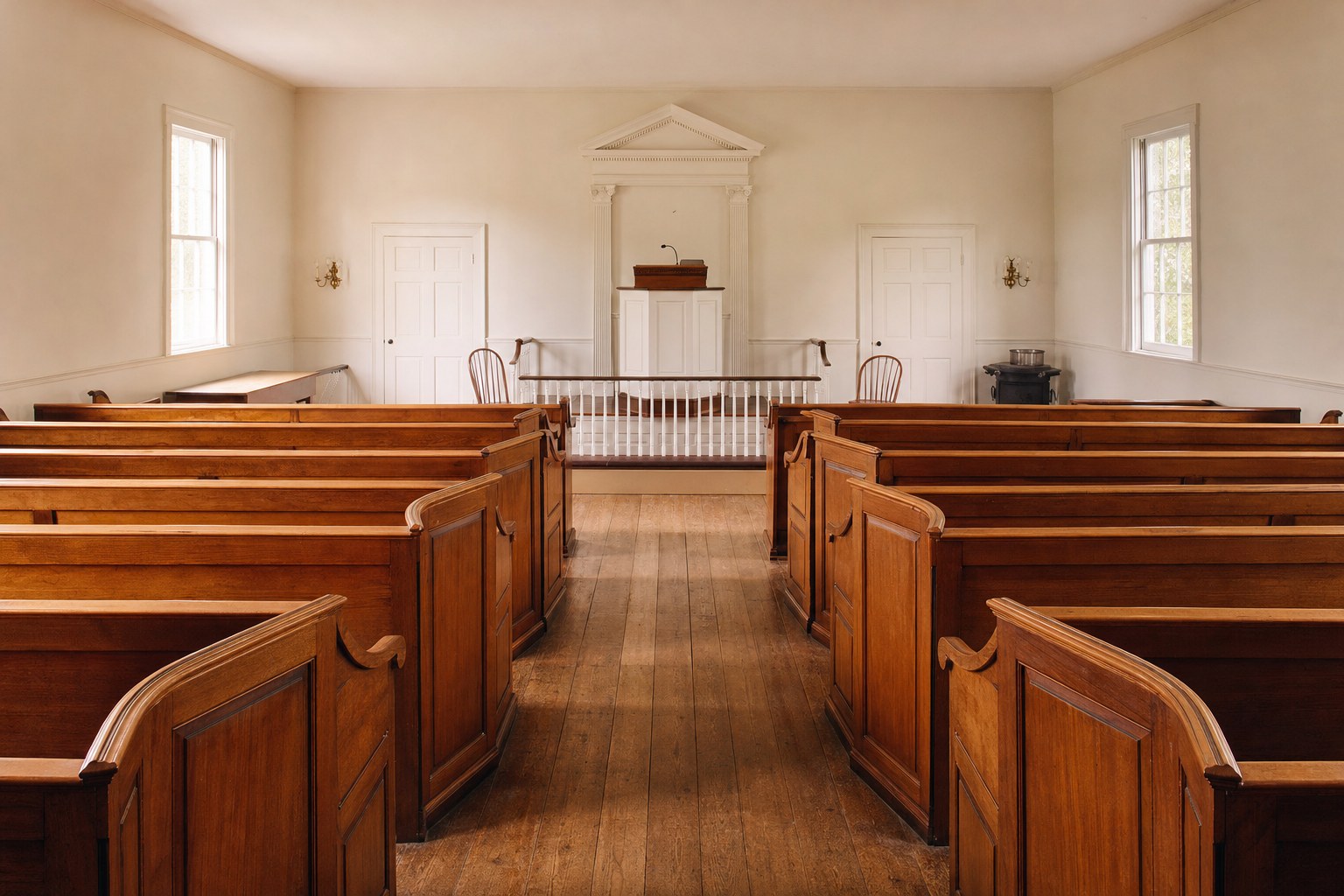 The sanctuary with refinished pews today