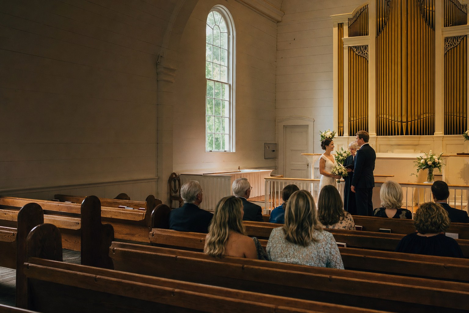 Small wedding ceremony in the church sanctuary